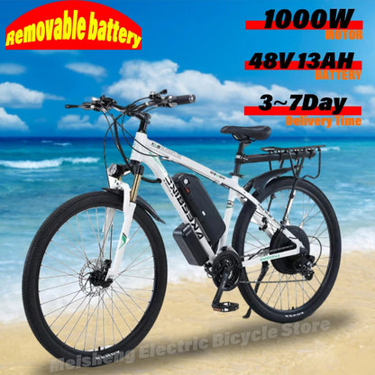 Ebike AKEZ 1000W CityElectricBike Detachable 13Ah Battery Electric Bike 60 Mile Range Dual Disc Brake Alloy Electric Bike