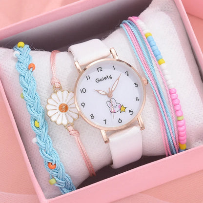 New 5pcs Women Watch Bracelet Set Leather Cute Rabbit Girls Wristwatch Fashion Ladies Quartz Clock Reloj Mujer Students' Gift