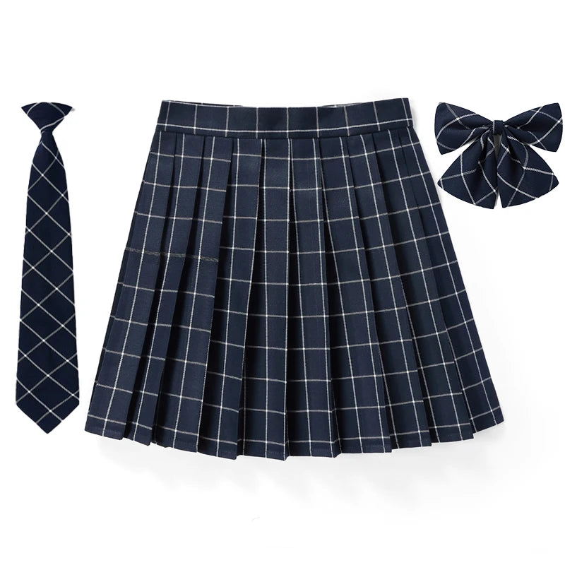 Women Plaid Pleat Skirt With Necktie Bowtie