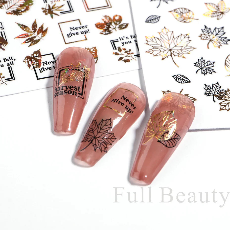 Shiny Maple Geometry Autumn Nail Art Stickers Laser Sector Fall Leaves Decals Cute Squirrel Slider Manicure Decorations CHCJ-076