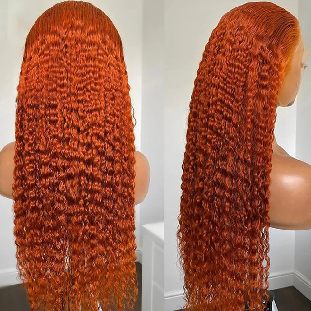 Orange Ginger Deep Curly Human Hair Wigs 13x4 13x5 Ginger Deep Wave 350 Colored Water Wave Wig 13x6 Transparent Lace Front Wigs