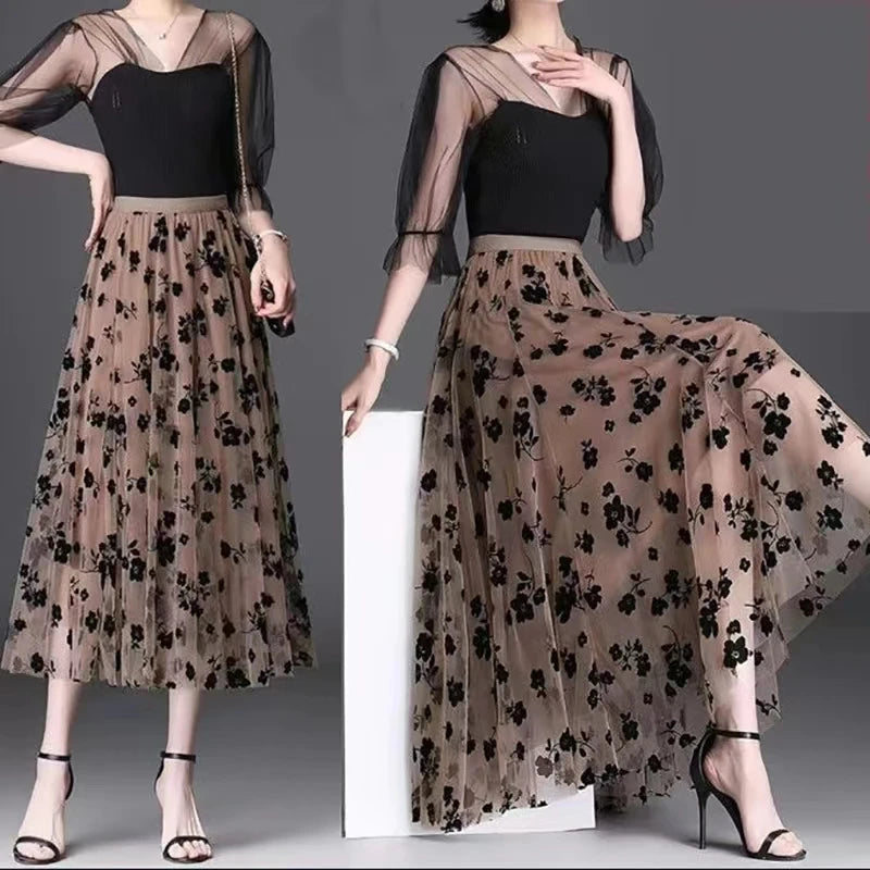 Korean Women Tulle Skirt Fashion Summer Hook Floral Loose Midi Skirt Elegant Female Casual All Match Mesh Skirts New