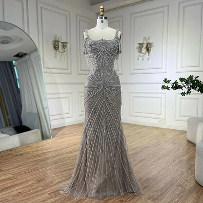 Serene Hill Spaghetti Strap Long Cloak Mermaid Silver Nude Beaded  Luxury Evening Dresses Gowns for Women's Party 2024 LA72587