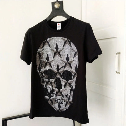 Vintage Gothic Skulls Man Rhinestone T-shirt Round Neck Men's Tops 3D Skull Short Sleeve Hip Hop Streetwear Male Sports T-shirt