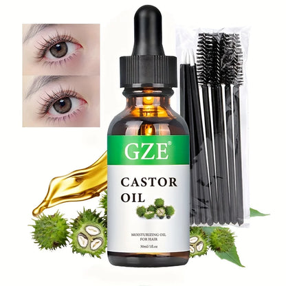 GZE Castor Oil Cold Pressed for Strengthens & Thickens Eyelashes & Eyebrows Hair, Skin, Nails & Scalp with 10 Liner Brush