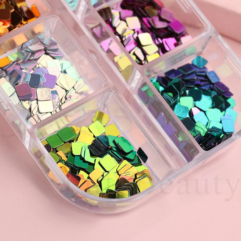 6 Grids Laser Checkerboard Nails Glitters Square Holographic Nails Sequins Mirror Chrome Paillette Manicure Decoration JI1909-37