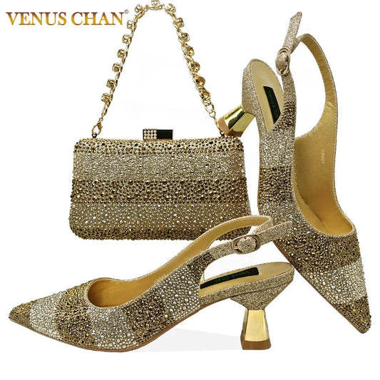 Luxury Style High Heels Sandal With Bag Set in Gold Color