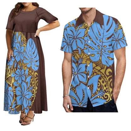 Hot-Selling Women'S Short-Sleeved Dress And Men'S Aloha Shirt Samoa Polynesian Tribe Paired With A Black Couple Outfit