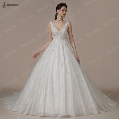 BEPEITHY Customized Bride Luxury V Neck Crystal Wedding Dresses 2023 Court Train Beading Exquisite Ivory Bridal Ball Gown Spring