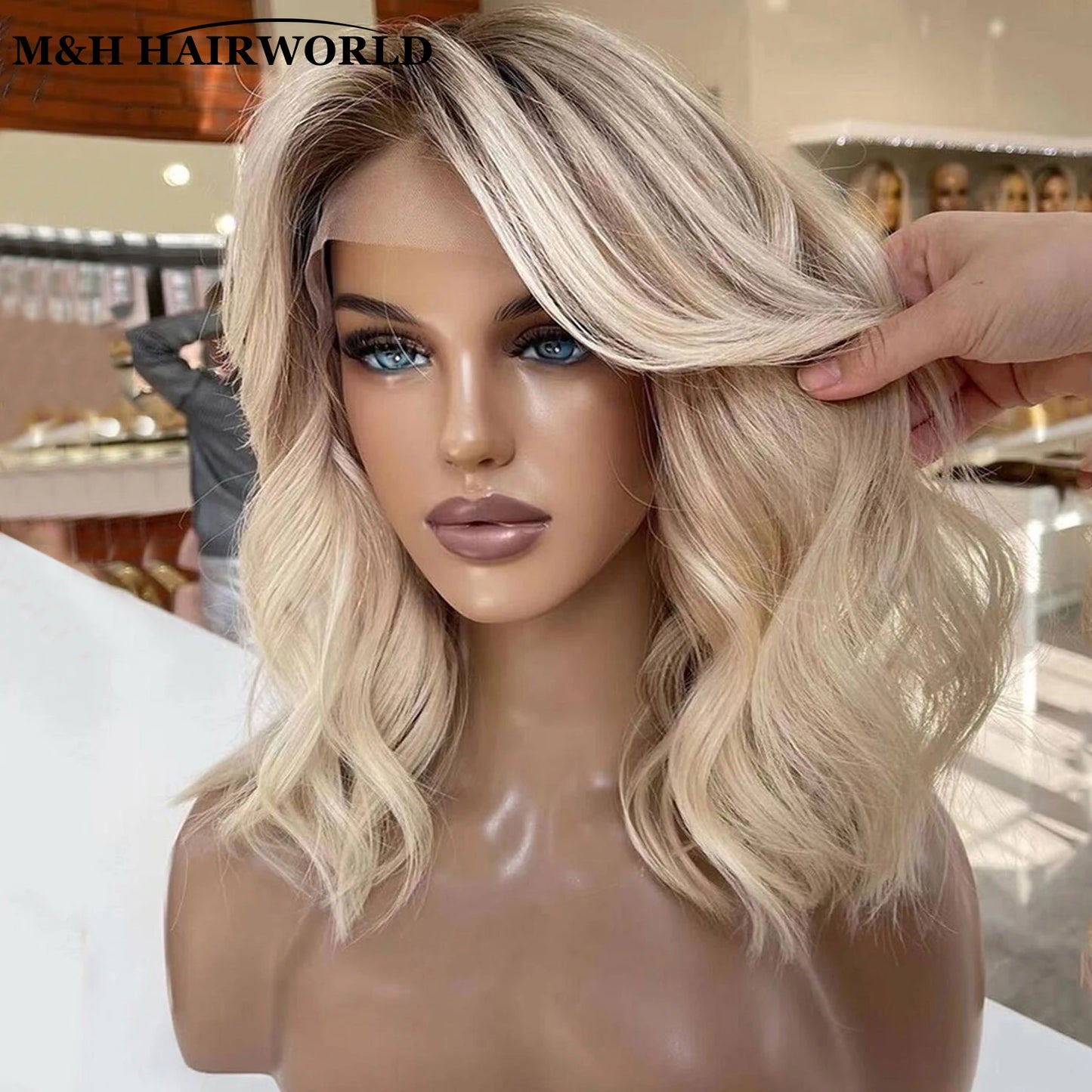 Ombre Ash Blonde Colored Highlights Bob Wig Short Natural Wavy Synthetic Hair Lace Front Wigs 13x3 Frontal Lace Wigs For Women