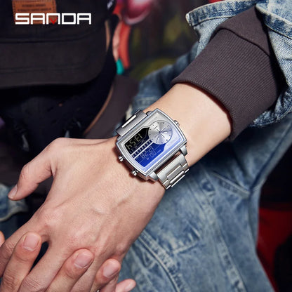 SANDA 6163 Fashion Trend Men's Quartz Watch Fashion Square Watch Countdown Sports Waterproof Dual Display Digital Men's Watches