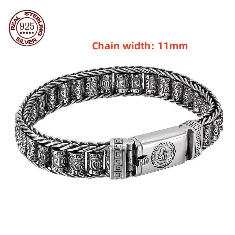 Retro Style Men Bracelet Simple and Generous Silver Bracelet Woven Six-Character Mantra Bracelet 925Silver Chain Jewelry