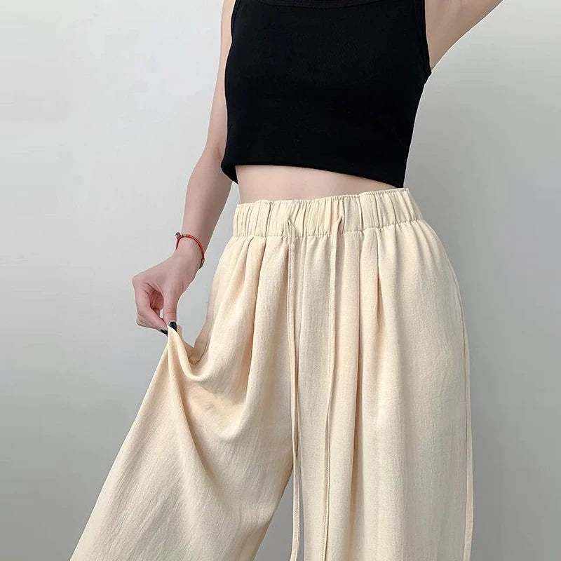 Summer Women's New Fashion Thin Japanese Ice Silk Wide-Leg Pants High-Waisted Straight Draped Anti-Wrinkle Casual Pants