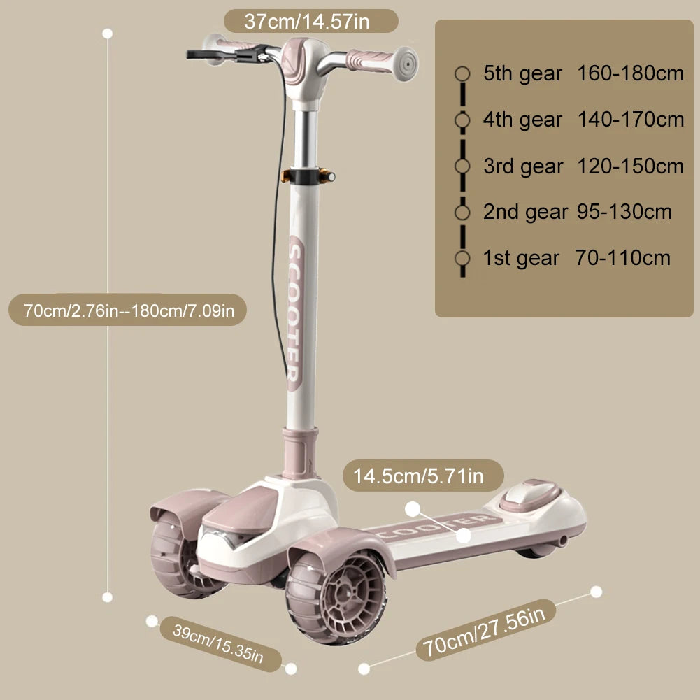 Outdoor Child's Kickboard Foldable Kick Scooter Flash Wheels Adult Kids Electric Scooter 3 Wheel Handbrake for 5-18 Years Old