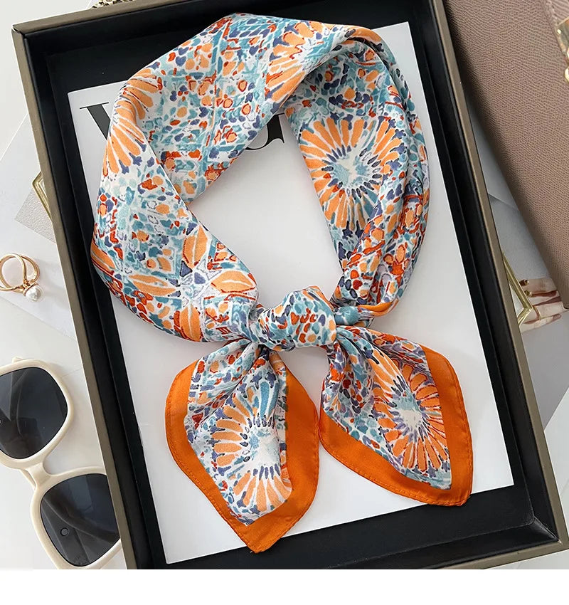 2023 Women Multifunction Polyester Silk Scarf Retro Florals Printed Casual Satin Small Square Wraps Head Neck Scarves hijab 70cm