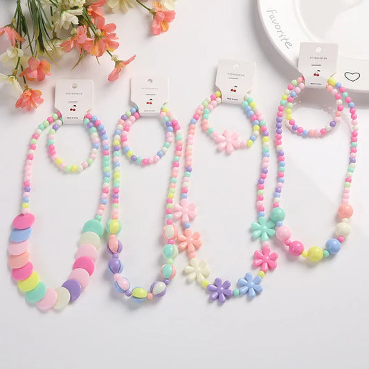 2pcs/set Candy Color Beads Cute Flower Rainbow Necklace Bracelet Sets for Kids Party Jewelry Girl Birthday Gift