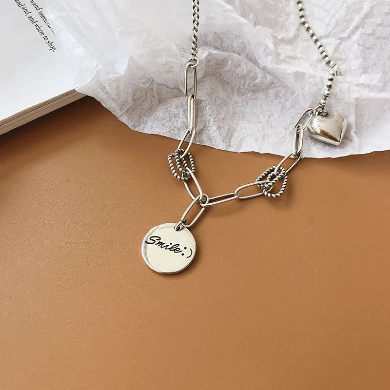 925 Sterling Silver Thick Chain Necklace INS Fashion Hip Hop Vintage Design LOVE Heart Pendant Thai Silver Party Jewelry