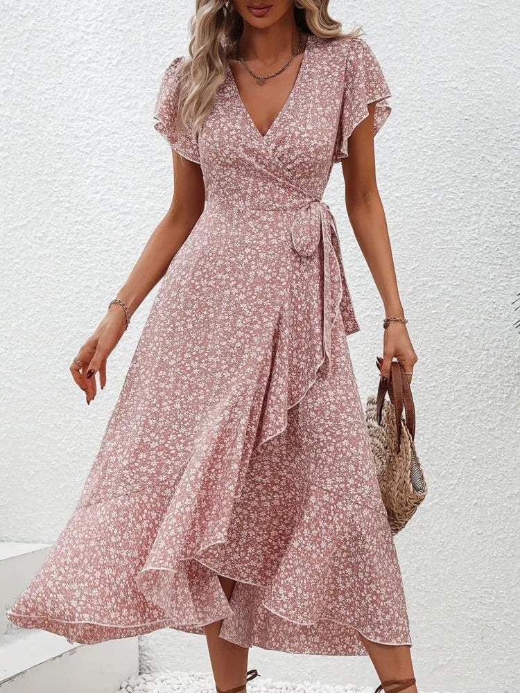 Summer Women's Flower Flowy Split Midi Dress Fashion V Neck Short Sleeve Irregular Dresses Boho Beach Holiday Sundress Robe