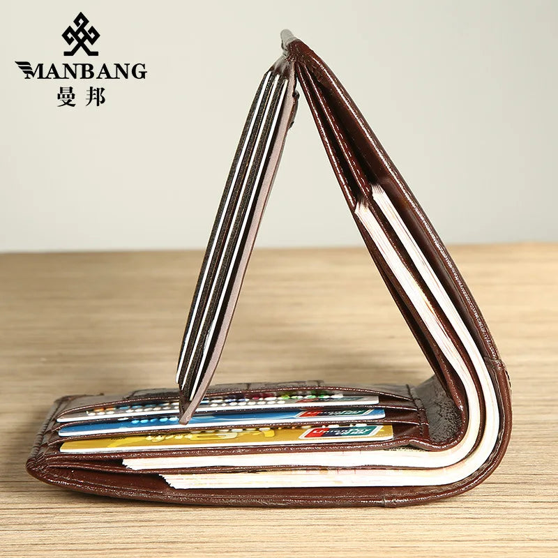 【Genuine Cowhide Leather】ManBang Brand Hot Sale Men's Wallet Luxury Original Short Tri-Fold First Layer Cowhide Purse Business