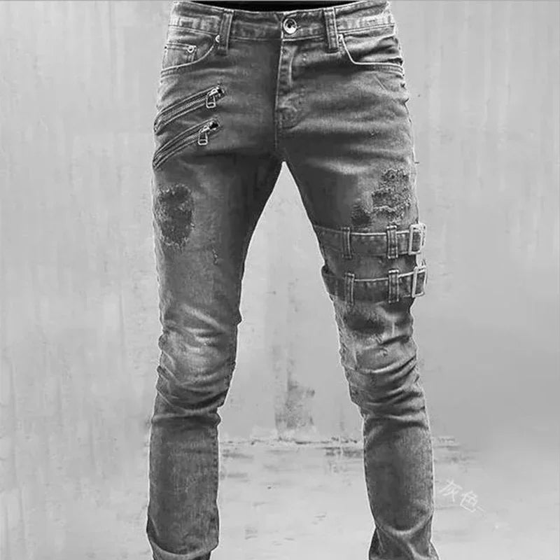 Men High Waist Fashion Jean Spring Summer Boyfriend Motorcycle Street Wear Skinny Casual Denim Pants Jeans Straight Trousers