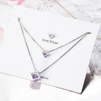 925 Sterling Silver Double Layer Square Box Simple Cube Crystal Necklace For Women choker Colar de Prata S-N194