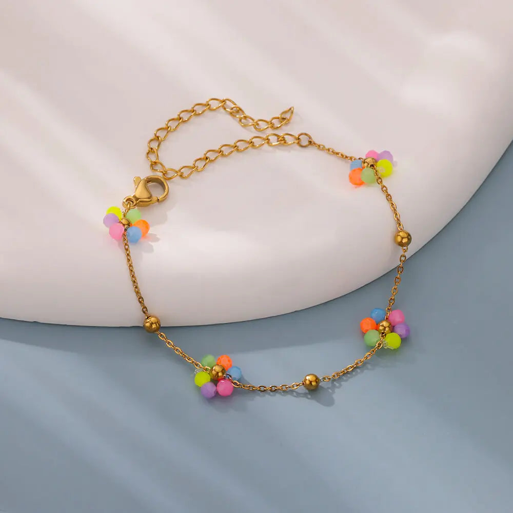 Colorful Trendy Bead Flower Anklets For Women Summer Beach Waterproof Stainless Steel Foot Chain Ankle Bracelet Jewelry Gifts