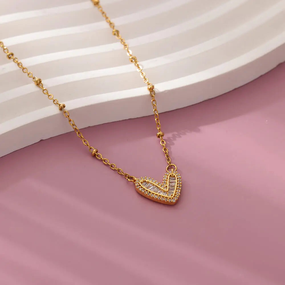 White Zircon Heart Pendant Necklaces for Women Stainless Steel Gold Color Wedding Chain Collar Necklace Jewelry Accessories BFF