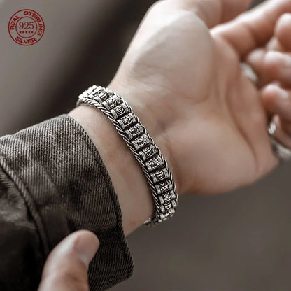 Retro Style Men Bracelet Simple and Generous Silver Bracelet Woven Six-Character Mantra Bracelet 925Silver Chain Jewelry