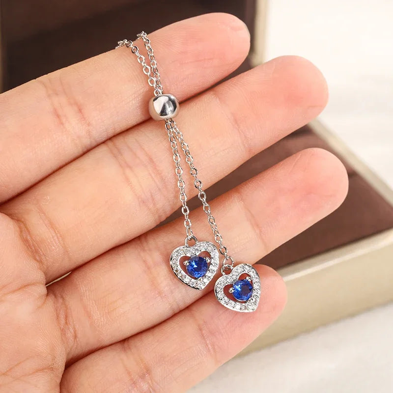 Classic Double Love Heart Blue Zircon Pendant Necklace Fashion Women Collarbone Chain Party Jewelry Sweater 925 Silver Necklace