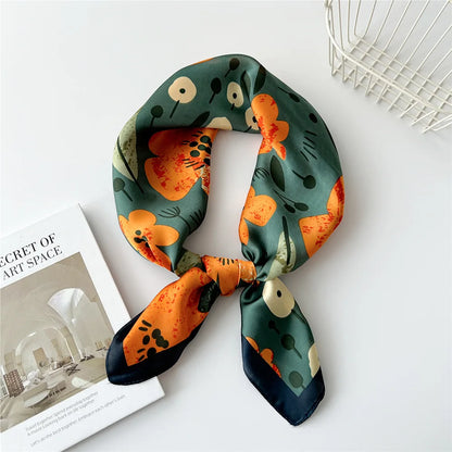 70cm New Luxury Florals Print Satin Silk Square Scarf for Women Soft Hair Bands Hijab Female Headband Foulard 2023 New