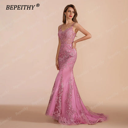 BEPEITHY Customized V Neck Mermaid Long Prom Evening Dresses 2023 Sleevesless Lace Sexy Sweep Train Wedding Party Gown For Women