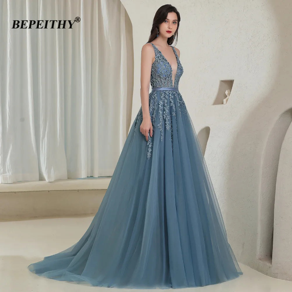 BEPEITHY Customized Elegant V Neck Gray Blue Long Evening Dresses 2022 Party Sexy Backless Prom Gown Sleeveless Robe De Soiree