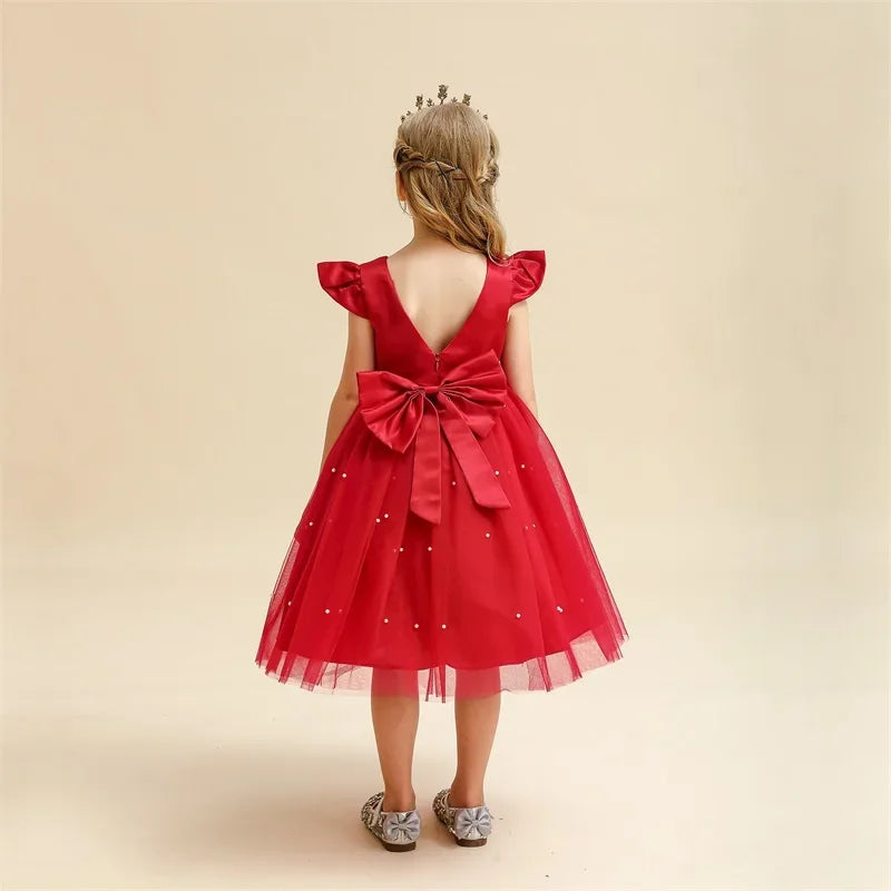 Toddler Girl Red Christmas Princess Dress Cute Baby Girl 1st Birthday Party Tutu Gown Newborn Backless Bow Beading Xmas Costume