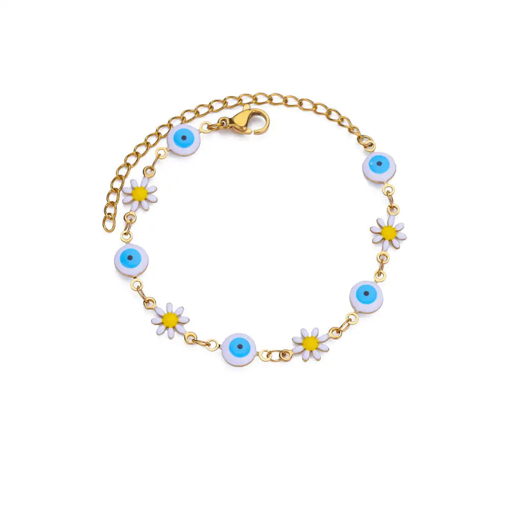 Fashion Bule Evil Eye Daisy Bracelets For Women Stainless Steel Gold Color Bracelet Daisy Eye Bracelet Christmas Wedding Jewelry