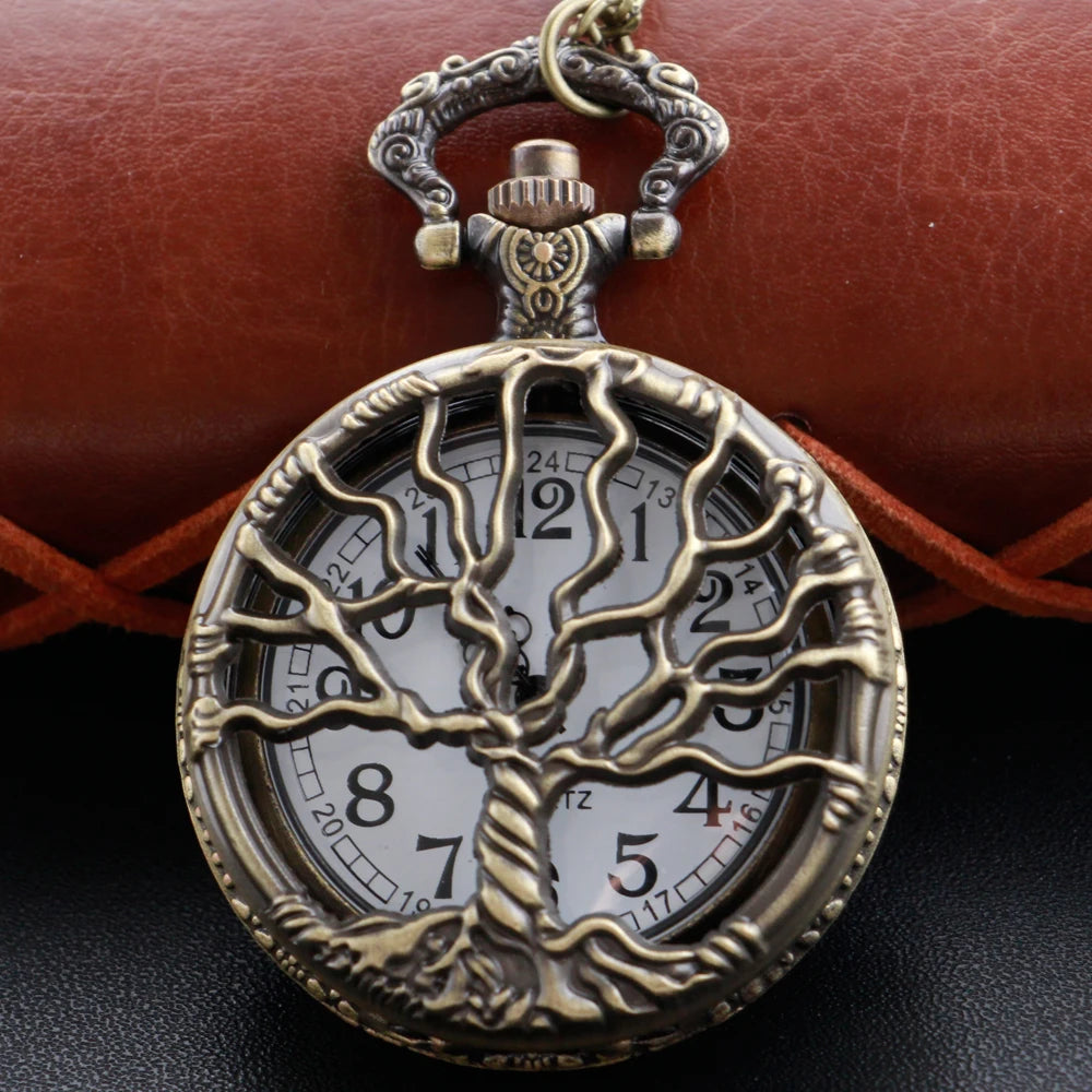 Vintage Hollow Tree Pocket Watch Unique Styles With Necklace Chain Clock Retro Bronze Exquisite Gifts for Men Women Relojes