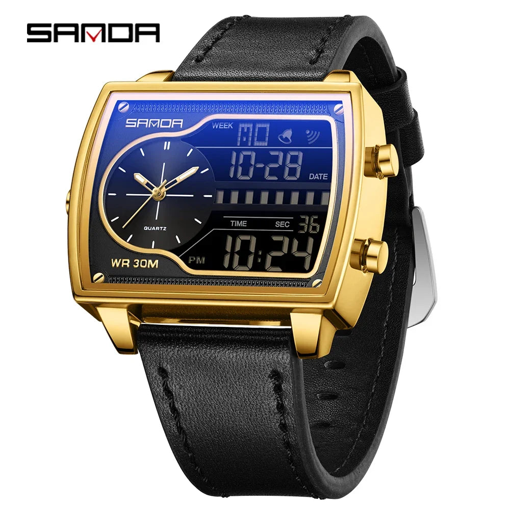 SANDA 6163 Fashion Trend Men's Quartz Watch Fashion Square Watch Countdown Sports Waterproof Dual Display Digital Men's Watches