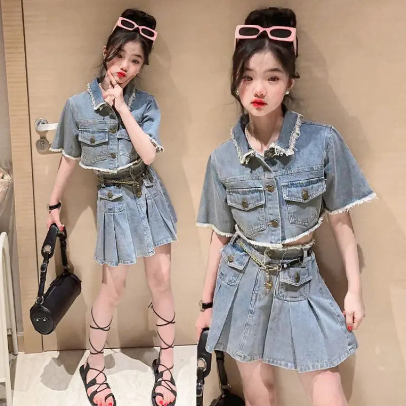 New Summer Teenage Girls Clothes Top+Denim Shorts 2pcs Kids Girl Outfits Clothing 4 6 8 10 12 14 15 Years Children Garments