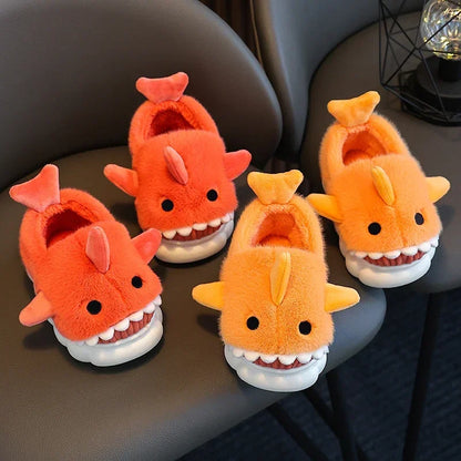 Winter Heel Wrap Cotton Children's Slippers Cute Cartoon Shark Non-slip Soft Sole Kids Boys Girls Junior Warm Plush Home Shoes