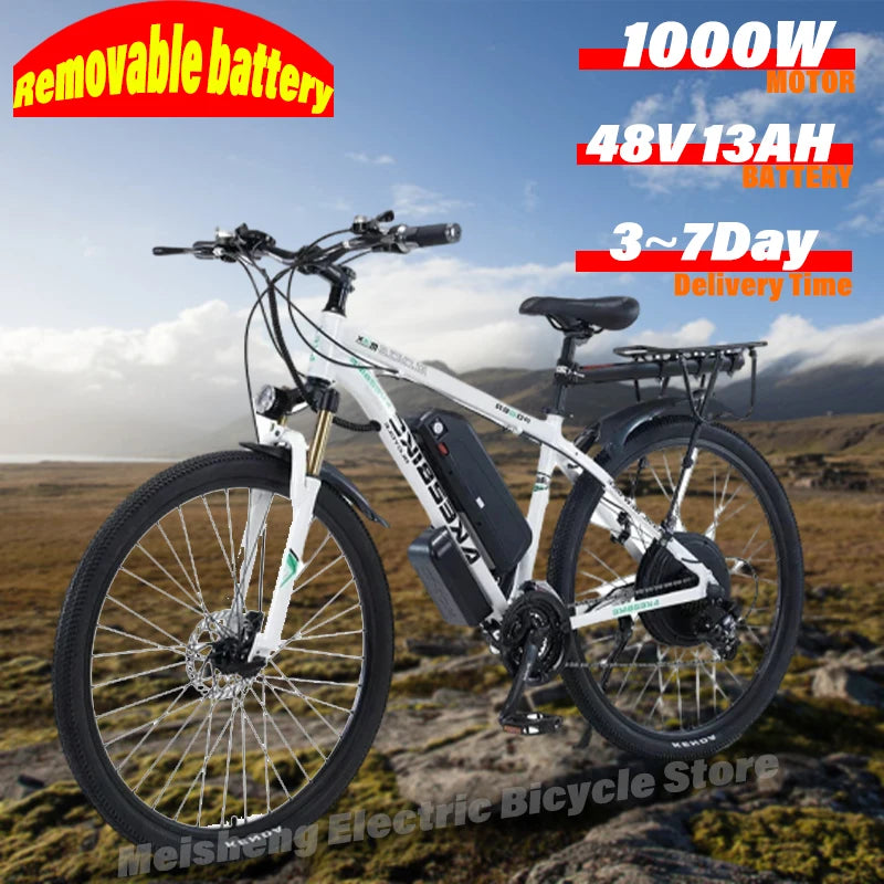 Ebike AKEZ 1000W CityElectricBike Detachable 13Ah Battery Electric Bike 60 Mile Range Dual Disc Brake Alloy Electric Bike