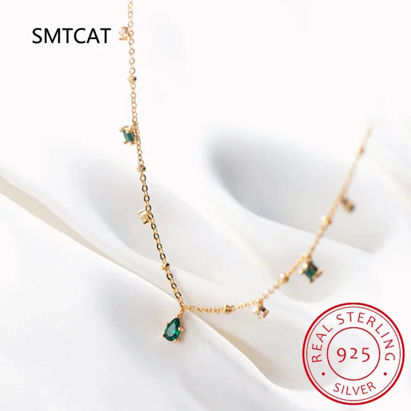 925 Sterling Silver Choker Necklace for Women Exquisite Green Zircon Clavicle Chain Necklace Gifts S-N742