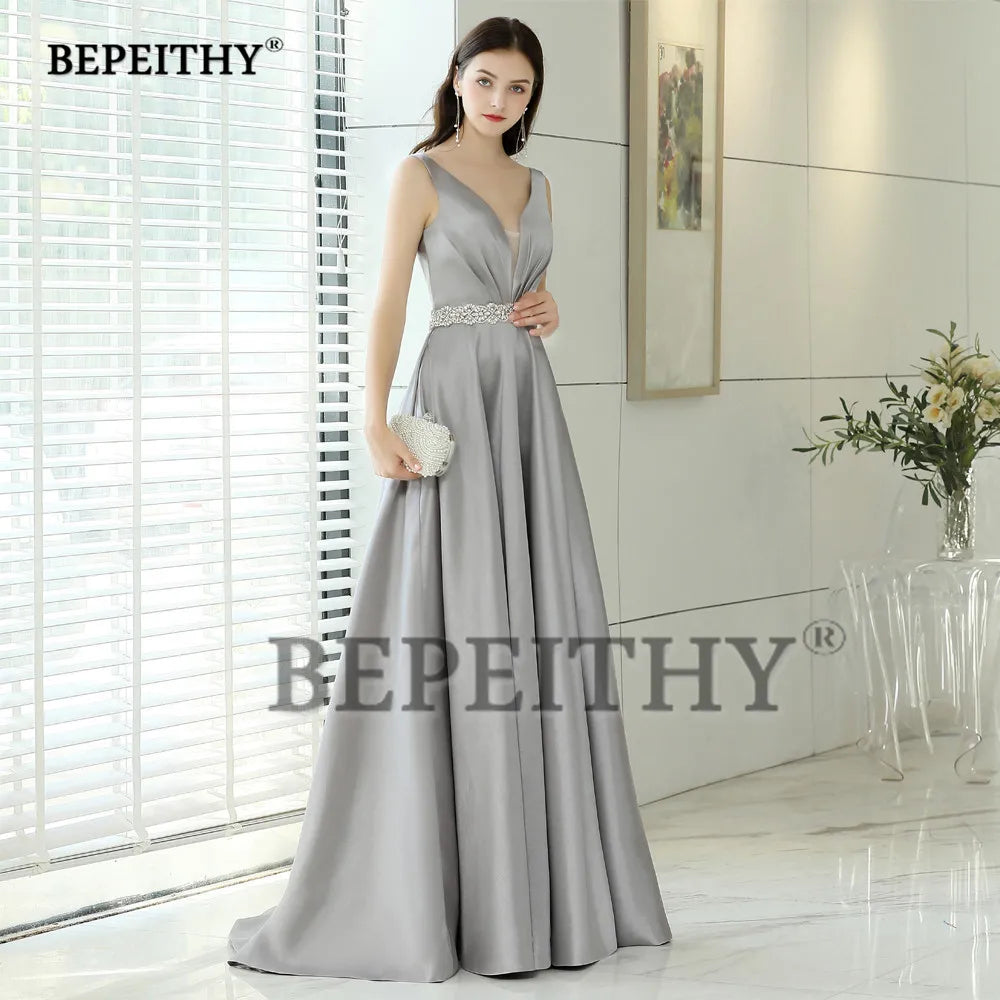 BEPEITHY Customized V-neck Evening Dresses With Crystal Belt Vintage V Neck Elegant Formal Gown Floor Length Prom Dress 2023