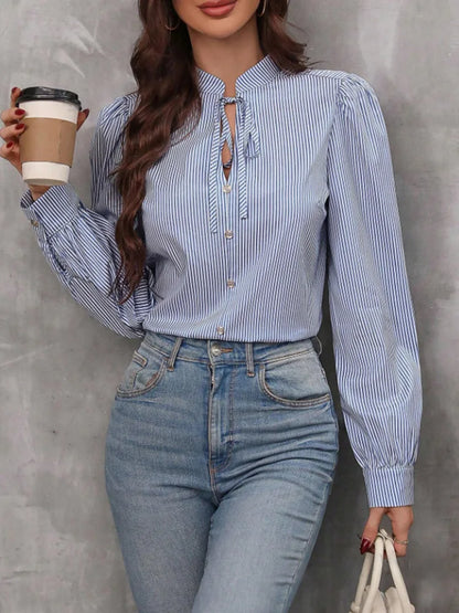 Women V-Neck Button Down Long Sleeve Top Solid Color Striped Shirt Office Lady Work Clothes