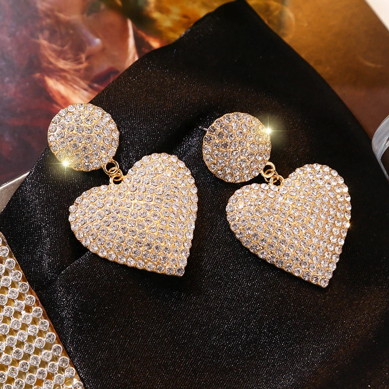 LATS New Heart Earrings Women's Luxurious Geometric Full Rhinestone Earrings Korean Gold Color Love 2020 Fashion Jewelry