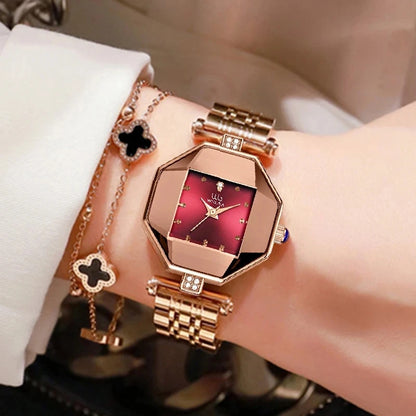 Rose Gold Creative Dial Creative Design Stainless Steel Women Wrist Watches For Ladies Watches Female CLock Red Dial Rhinestone