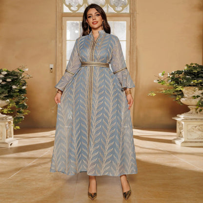 Long Muslim Dress for Women Middle East Ramadan Turtleneck Islamic Embroidery Horn Sleeve Sleeve Head Dubai Elegant Fashion