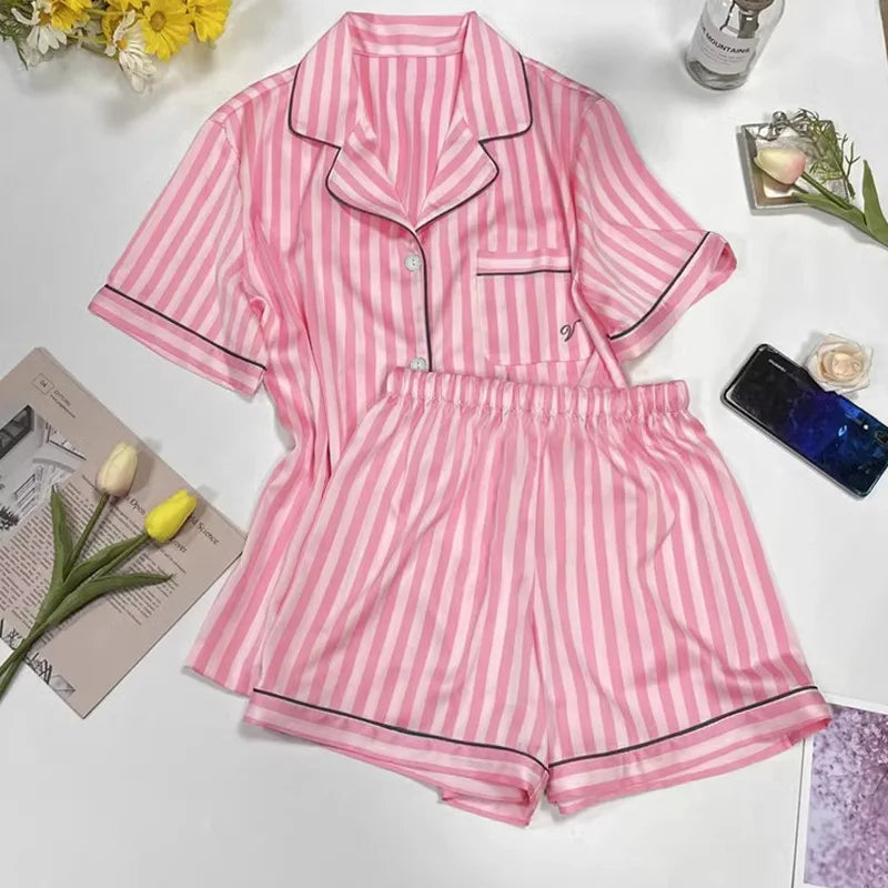 Women's Pajamas Sets Spring Autumn 2 Piece Print Striped Pyjama Faux Silk Satin Sleepwear Short Sleeve Pijama Mujer Pjs Homewear