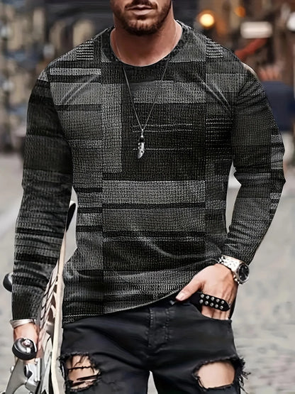 Fashion Men's Colorful Irregular Plaid Pattern Round Neck Long-sleeved Fashion T-shirt Spring And Autumn Outdoor Sports Tops Tee