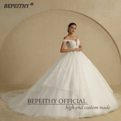 BEPEITHY Customized Bride Ivory Princess Wedding Dress Off The Shoulder Empire Lace Flower Bridal Gown For Women 2022 Sleeveless