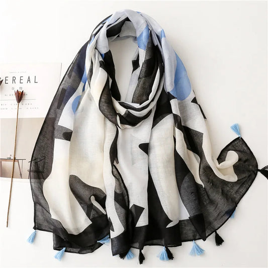 Women Abstract Geometric Painting Tassel Viscose Shawl Scarf Soft Thin Pashmina Stole Muslim Hijab 2023 New Beach Shawls