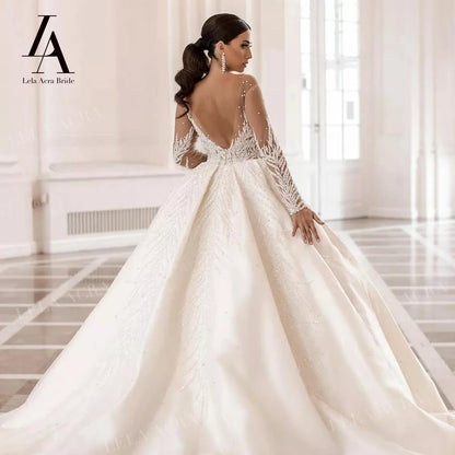 LelaAcra Long Sleeve Wedding Dress 2024 Sweetheart Beaded Backless A-Line Princess Bride Gown SM72 Plus Size Vestido de Noiva